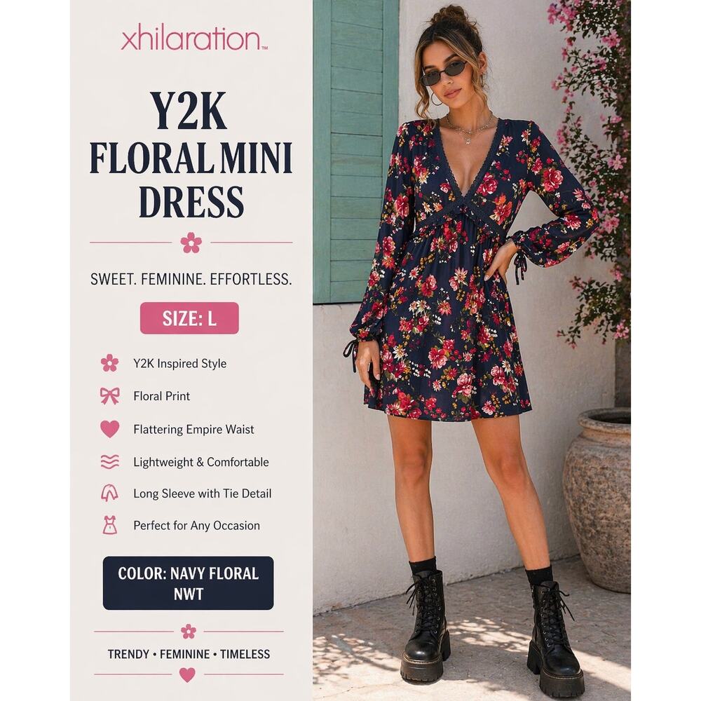 220- SZ L Xhilaration Navy Floral Mini Dress Y2K Boho Empire Waist Long Sleeve